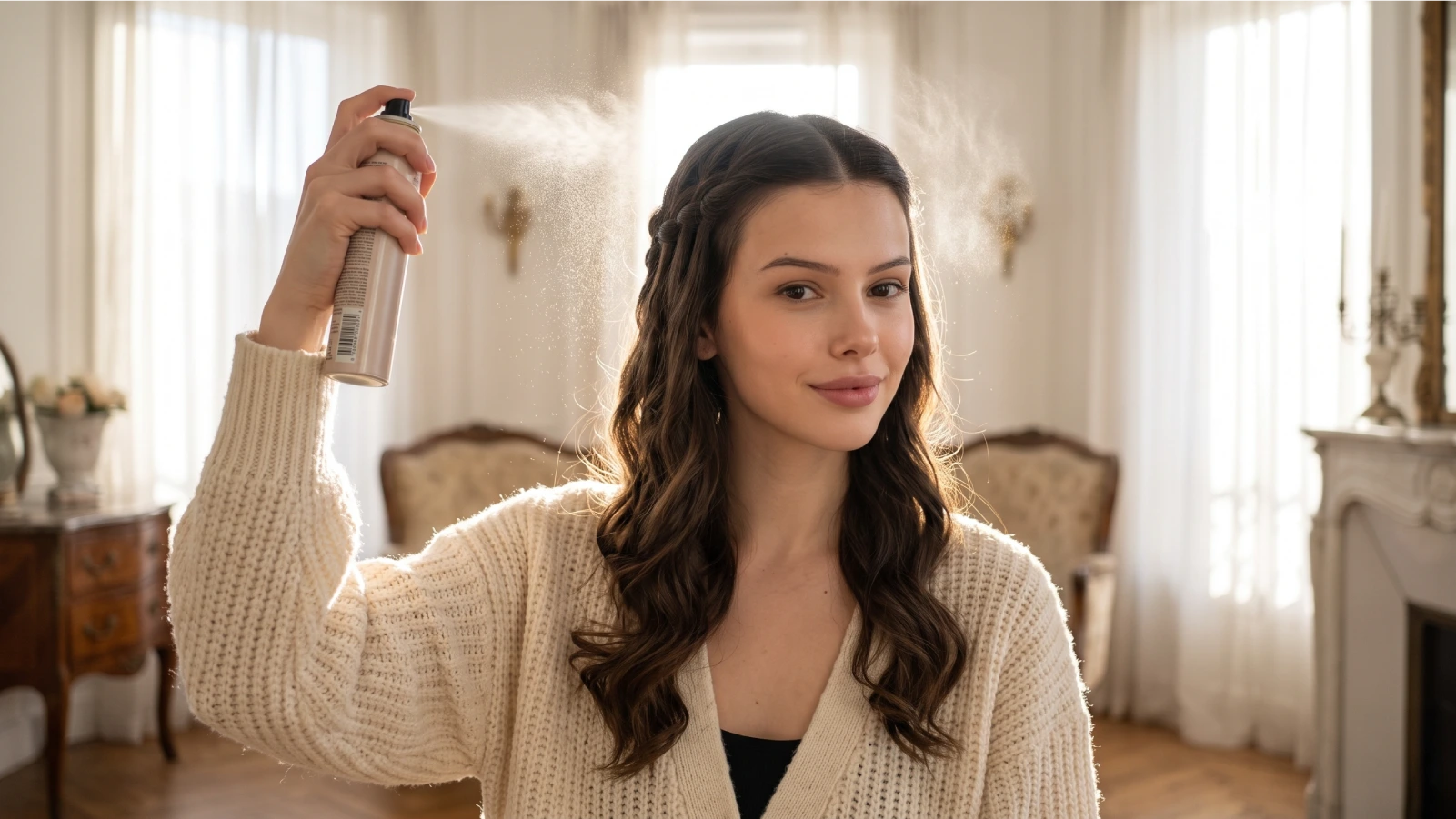 Woman finishing her waterfall braid with a light mist of hairspray to hold the style