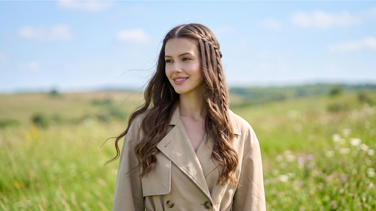 Smiling woman with a waterfall braid cascading through long wavy hair