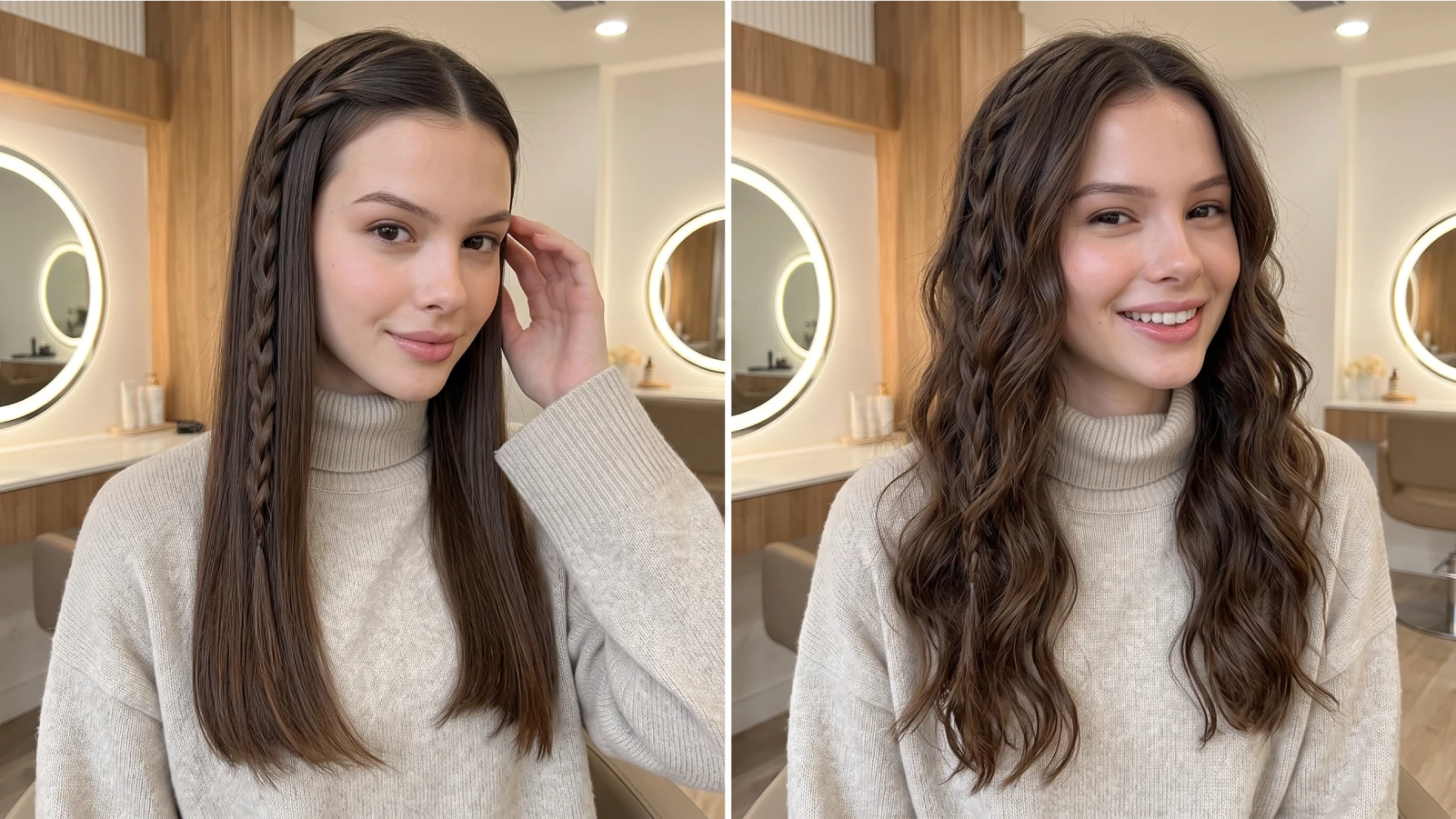 Two waterfall braids compared: one on fine straight hair and one on wavy hair