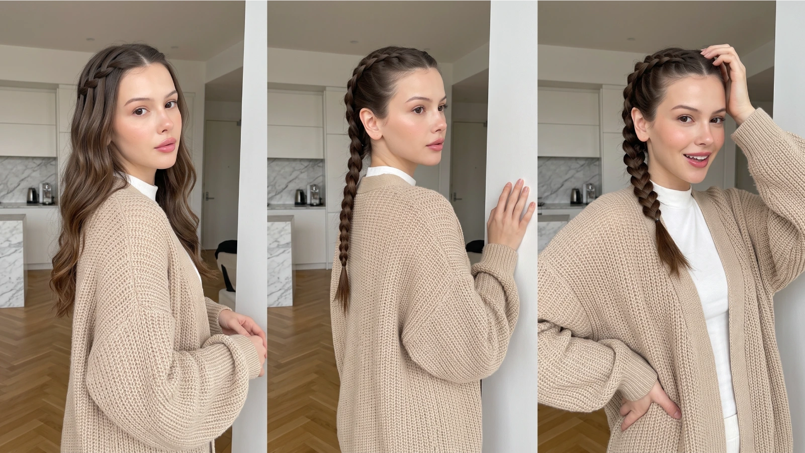 Three braid styles side by side: a waterfall braid, a French braid, and a Dutch braid